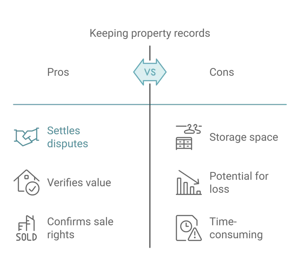 Table comparing the pros and cons of keeping property records, including benefits like dispute resolution and downsides like storage challenges.