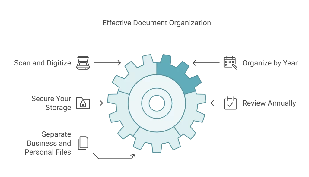 Gear-shaped infographic detailing document organization tips like scanning, digitizing by year, reviewing annually, and separating personal and business files.