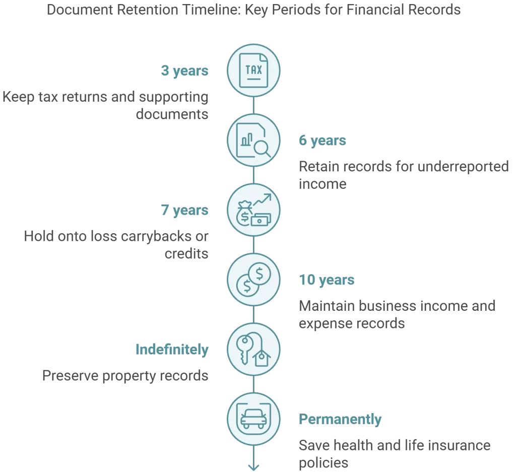 Timeline graphic listing document retention periods, including 3 years for tax returns, 7 years for credits, and indefinitely for property records.