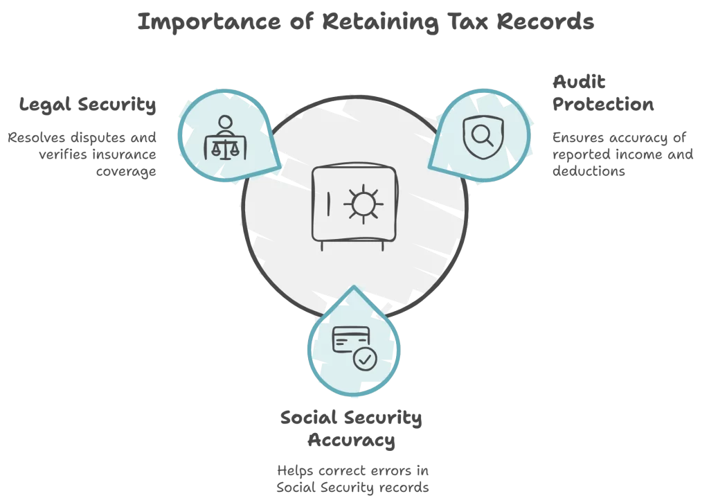 Infographic highlighting why retaining tax records is essential, emphasizing legal protection, audit readiness, and credit security benefits."