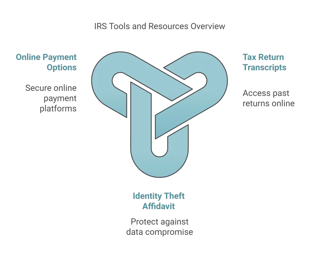 Infographic highlighting key IRS tools such as tax return transcripts, online payment options, and identity theft affidavits.