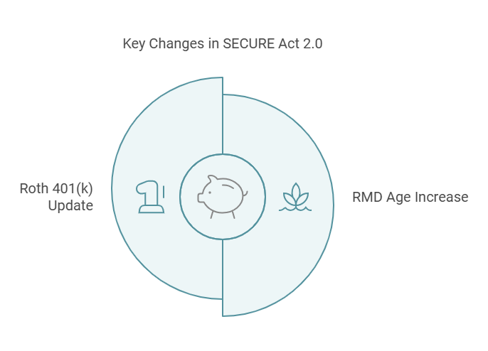 2024 RMD updates under SECURE Act 2.0, including the new starting age of 73 and exemption of Roth 401(k)s from required minimum distributions during the owner’s lifetime.