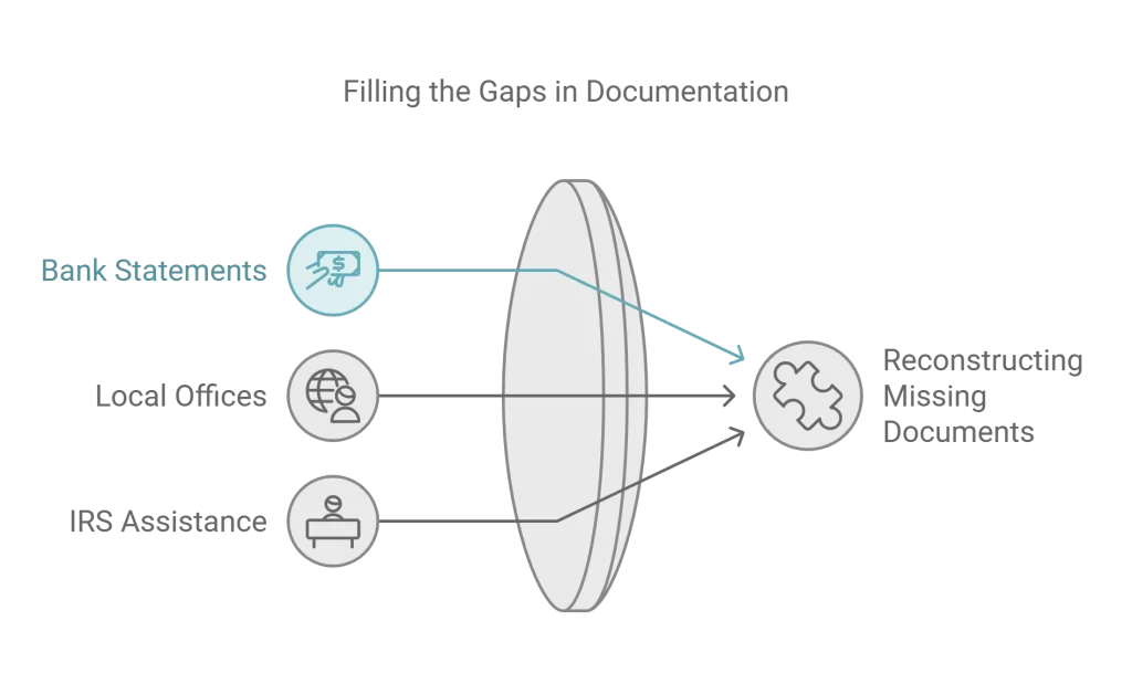 Infographic showing options to fill documentation gaps, including bank statements, local offices, and IRS assistance.