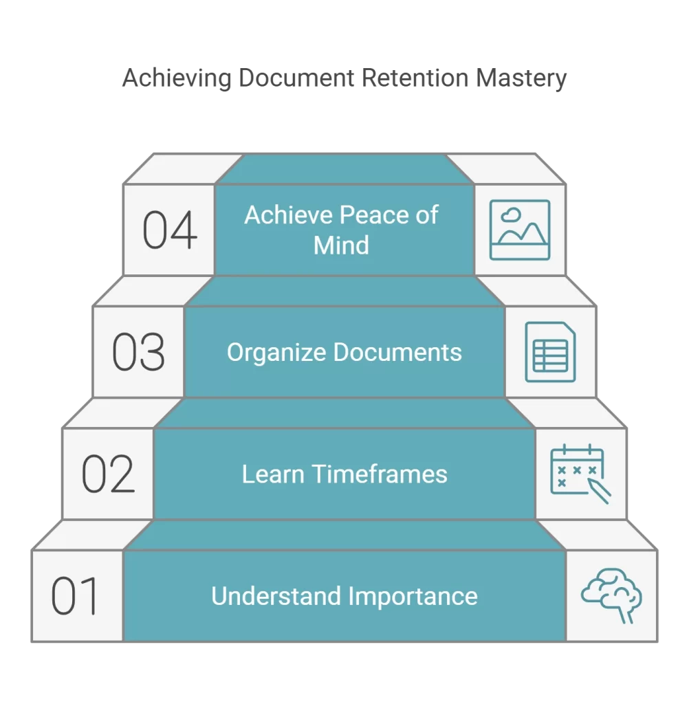 Stair-step infographic outlining steps to achieve document retention mastery, including understanding importance, learning timeframes, organizing documents, and achieving peace of mind.