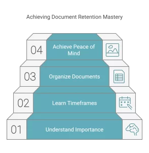 Stair-step infographic outlining steps to achieve document retention mastery, including understanding importance, learning timeframes, organizing documents, and achieving peace of mind.